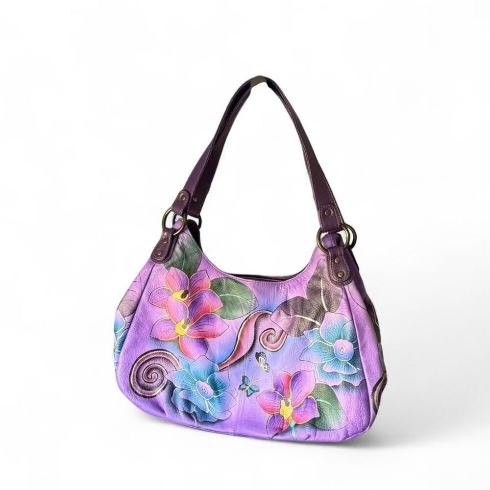 Anuschka Hand Painted Leather Shoulder Bag Purple Floral Butterfly Art Purse
